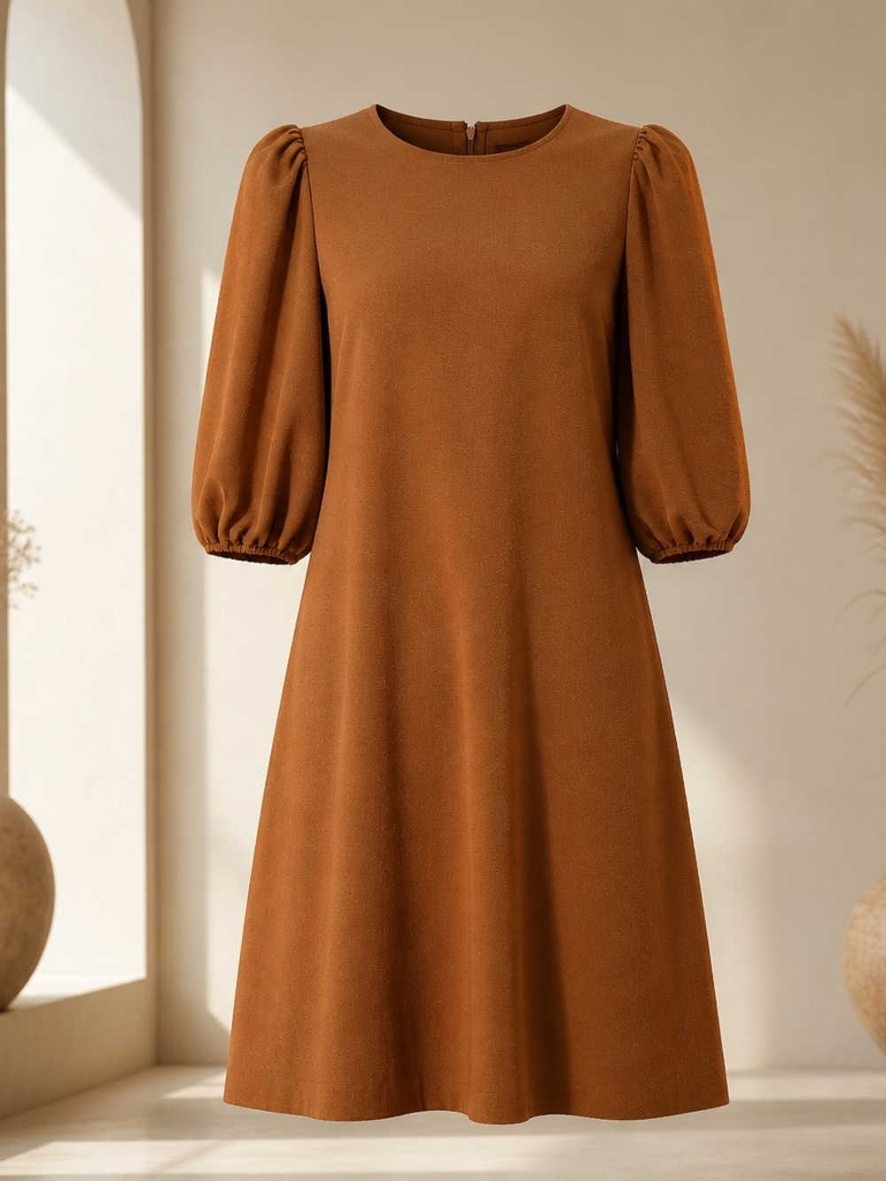 Preston & York Puff-Sleeve A-Line Dress in Rust Brown